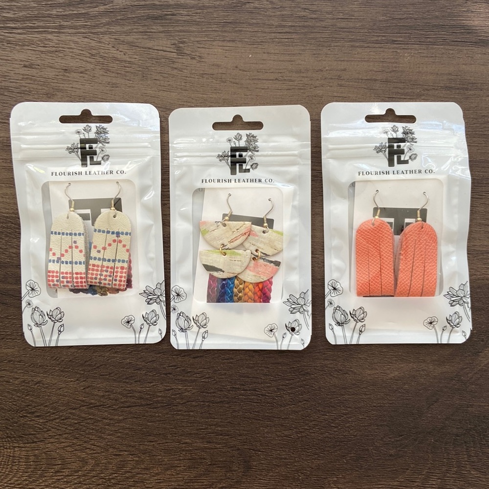 Set of 3 Flourish Leather Co Company Earrings Peach Orange Geometric Brushstroke